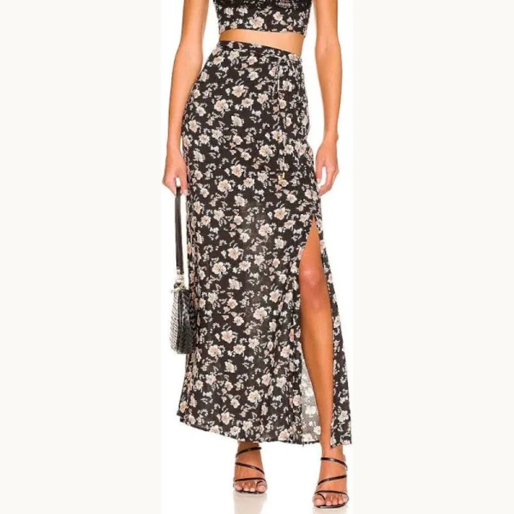 NWT Free People Bijou Black Floral Maxi Tie Waist Slit Skirt Size 4